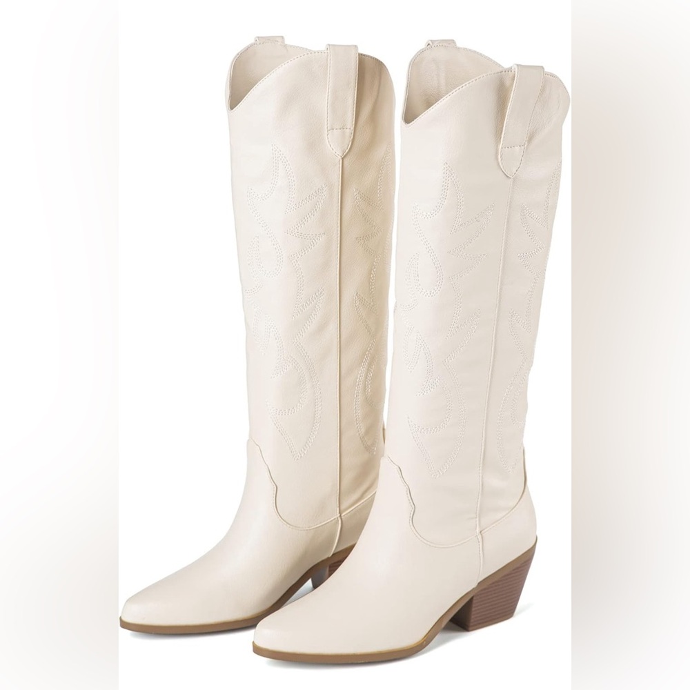 ZXHYZLZ Cream Cowboy Boots For Women -Wide Calf Knee High Cowgirl